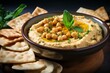 scrumptious hummus with chickpeas and crispbread on table. Generative AI