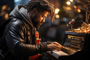 Wall Mural - A musician rehearsing for a Boxing Day concert, preparing to share the gift of music with an audience. Concept of musical talent. Generative Ai.