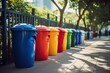 Row of colorful plastic trash cans on a city street, Colorful urban trash cans, Generative AI