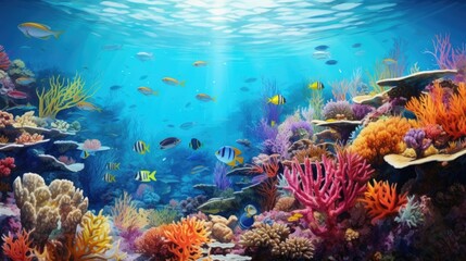 Wall Mural - vibrant coral reef in clear blue waters, teeming with marine life, seen from above generative ai