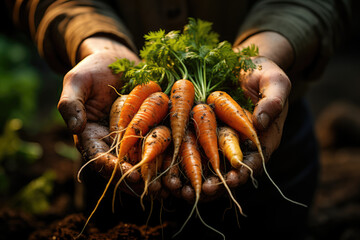 Wall Mural - A farmer's hands holding freshly harvested carrots, covered in soil, highlighting the connection between the land and food. Concept of organic farming. Generative Ai.