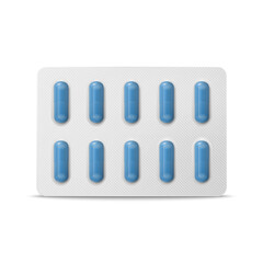 Wall Mural - Vector Realistic Pharmaceutical Medical Blue Pills, Vitamins, Capsule in Blister Closeup Isolated. Pills in Blister Packaging Design Template. Front View. Medicine, Health Concept