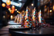A Close-up Of Colorful Party Hats And Noisemakers On A Table, Ready To Be Worn And Used For New Year Festivities. Generative Ai.