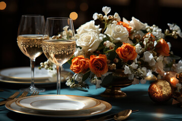 Poster - A festive New Year's Eve dinner table set with fine china, crystal glasses, and a centerpiece of fresh flowers. Concept of elegance and dining. Generative Ai.