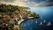 aerial perspective of a charming coastal town with a harbor and sailboats anchored along the shore generative ai