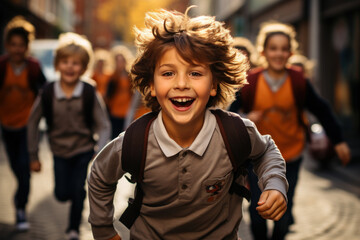 Canvas Print - A group of children engaged in a friendly game of tag during a school recess. Concept of active playtime. Generative Ai.