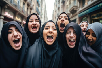 Canvas Print - Group of laughing young middle eastern women wearing a hijab