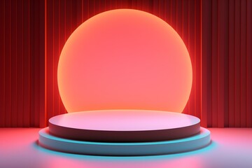 Sticker - Abstract scene with illuminated round podium for product showcasing. Generative AI