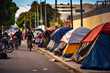 Homeless tents forming camps in the city center. Ai generative.