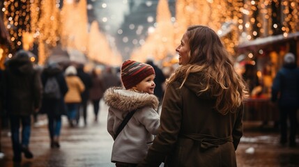 Wall Mural - Mother and daughter walk during the Christmas fair. Ai genrative