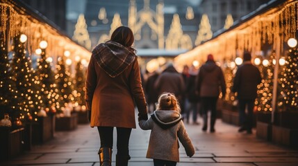 Wall Mural - Mother and daughter walk during the Christmas fair. Ai genrative