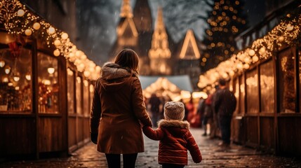 Wall Mural - Mother and daughter walk during the Christmas fair. Ai genrative