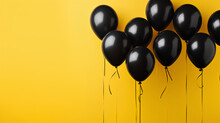 Black Balloons With Yellow Background. Black Friday And Cyber Monday. 