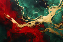 Fluid Green And Red Art Merging With Gold Veins 