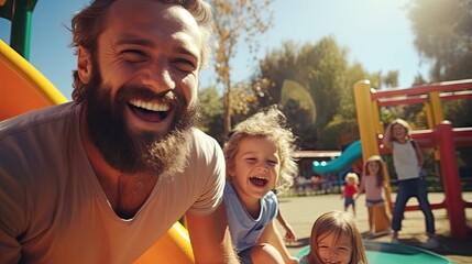 Playtime at the park: a father and two kids slide down a playground slide