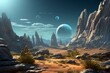 A serene scene of a unique terrain with vegetation, boulders, and a faraway celestial body. Generative AI