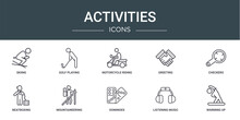 Set Of 10 Outline Web Activities Icons Such As Skiing, Golf Playing, Motorcycle Riding, Greeting, Checkers, Beatboxing, Mountaineering Vector Icons For Report, Presentation, Diagram, Web Design,