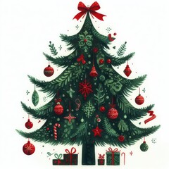 illustration of a christmas tree with red and green decorations and presents.