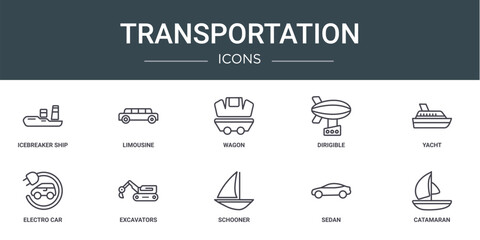 Wall Mural - set of 10 outline web transportation icons such as icebreaker ship, limousine, wagon, dirigible, yac