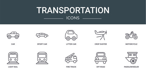 Wall Mural - set of 10 outline web transportation icons such as car, sport car, litter car, crop duster, motorcyc