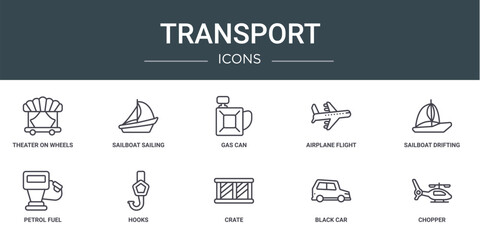 Wall Mural - set of 10 outline web transport icons such as theater on wheels, sailboat sailing, gas can, airplane