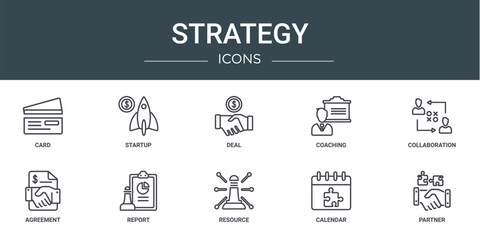 Wall Mural - set of 10 outline web strategy icons such as card, startup, deal, coaching, collaboration, agreement