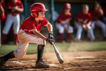Young Baseball Player In The Moment Of Hitting The Ball During Game. Concentration And Skill.