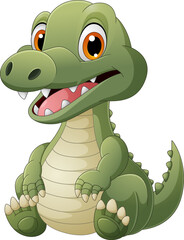 Wall Mural - Cartoon funny crocodile sitting on white background