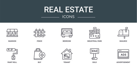Wall Mural - set of 10 outline web real estate icons such as mansion, fence, bedroom, industrial park, mailbox, p