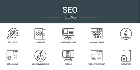set of 10 outline web seo icons such as seo tools, duplicate, adaptive layout, seo monitoring, , ranking, game development vector icons for report, presentation, diagram, web design, mobile app