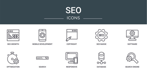 Wall Mural - set of 10 outline web seo icons such as seo growth, mobile development, copyright, seo badge, softwa