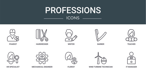 Wall Mural - set of 10 outline web professions icons such as pharist, hairdresser, writer, barber, teacher, hr sp