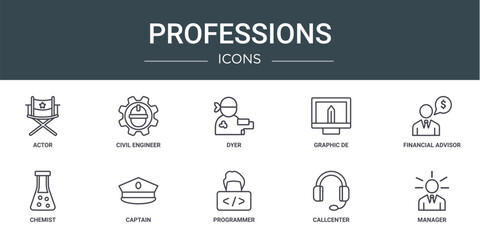 set of 10 outline web professions icons such as actor, civil engineer, dyer, graphic de, financial advisor, chemist, captain vector icons for report, presentation, diagram, web design, mobile app