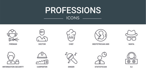 Wall Mural - set of 10 outline web professions icons such as fireman, doctor, chef, obstetrician and gynecologist