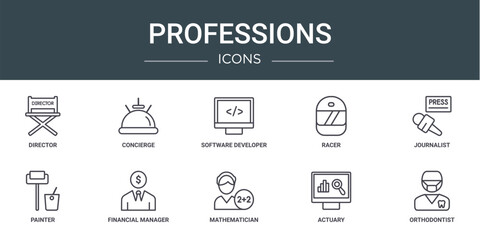 Wall Mural - set of 10 outline web professions icons such as director, concierge, software developer, racer, journalist, painter, financial manager vector icons for report, presentation, diagram, web design,