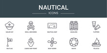 Set Of 10 Outline Web Nautical Icons Such As Sailor Hat, Skull And Bones, Nautical Map, Aqualung, Flippers, Sea Flag, Cargo Ship Front View Vector Icons For Report, Presentation, Diagram, Web