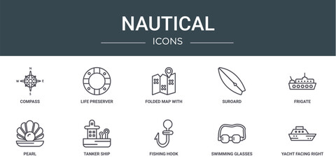 Wall Mural - set of 10 outline web nautical icons such as compass, life preserver, folded map with placeholder, suroard, frigate, pearl, tanker ship vector icons for report, presentation, diagram, web design,