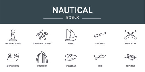 Wall Mural - set of 10 outline web nautical icons such as smeatons tower, starfish with dots, scow, spyglass, seaworthy, ship admiral, afterdeck vector icons for report, presentation, diagram, web design, mobile