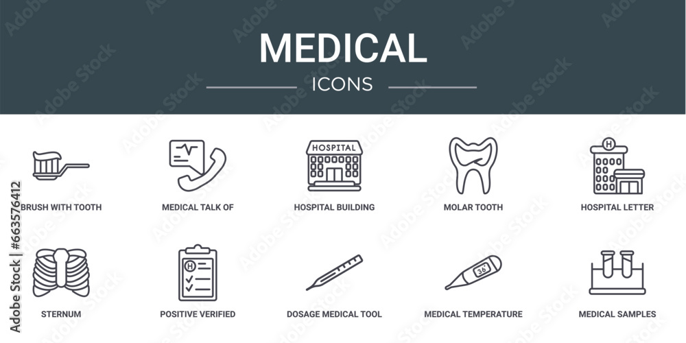 Completed Medical Task Icon set of 10 outline web medical icons such as brush with tooth paste ...