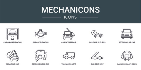 Wall Mural - set of 10 outline web mechanicons icons such as car on an elevator, garage elevator, car with repair equipment, car sale in euros, rectangular front, repairing searching for vector icons for report,