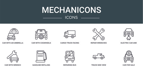 Wall Mural - set of 10 outline web mechanicons icons such as car with an umbrella, car with cogwheels, cargo truck facing left, repair wrenches, electric car and plug, with wrench, gasoline refilling station