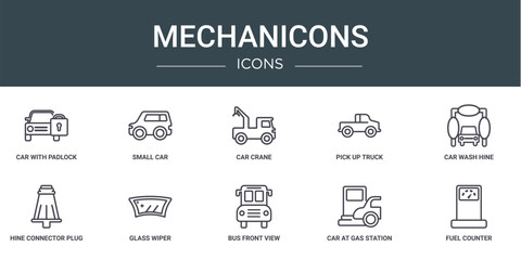 Wall Mural - set of 10 outline web mechanicons icons such as car with padlock, small car, car crane, pick up truc