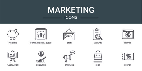 Wall Mural - set of 10 outline web marketing icons such as pig bank, download from cloud, open, analyze, service, fluctuation, consumer vector icons for report, presentation, diagram, web design, mobile app