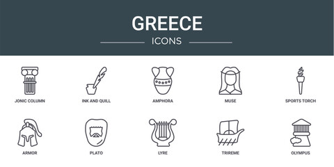 Wall Mural - set of 10 outline web greece icons such as jonic column, ink and quill, amphora, muse, sports torch,