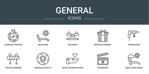Wall Mural - set of 10 outline web general icons such as compass pointing south east, deckchair, balancer, birthd