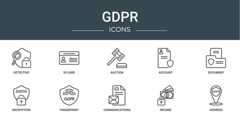 Wall Mural - set of 10 outline web gdpr icons such as detective, id card, auction, account, document, encryption,