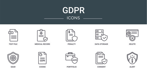 Wall Mural - set of 10 outline web gdpr icons such as text file, medical record, penalty, data storage, delete, g