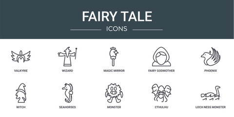 Wall Mural - set of 10 outline web fairy tale icons such as valkyrie, wizard, magic mirror, fairy godmother, phoenix, witch, seahorses vector icons for report, presentation, diagram, web design, mobile app