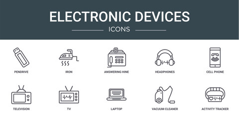 Wall Mural - set of 10 outline web electronic devices icons such as pendrive, iron, answering hine, headphones, c