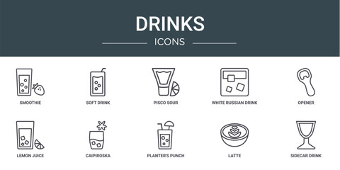 Wall Mural - set of 10 outline web drinks icons such as smoothie, soft drink, pisco sour, white russian drink, op